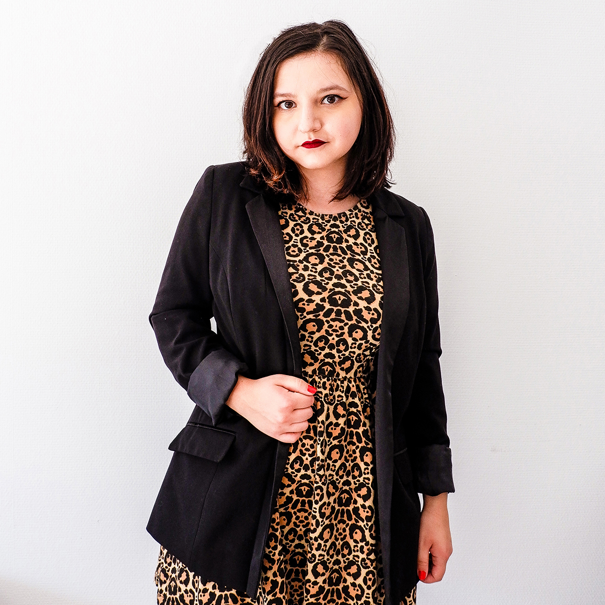 Leopard Print Dress with black blazer